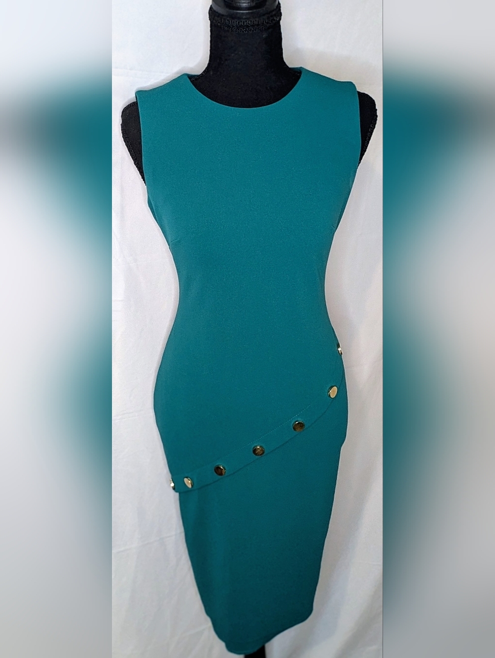 Calvin Klein Teal Sheath Dress Size 2 | Gold Button Detail | Bodycon Midi